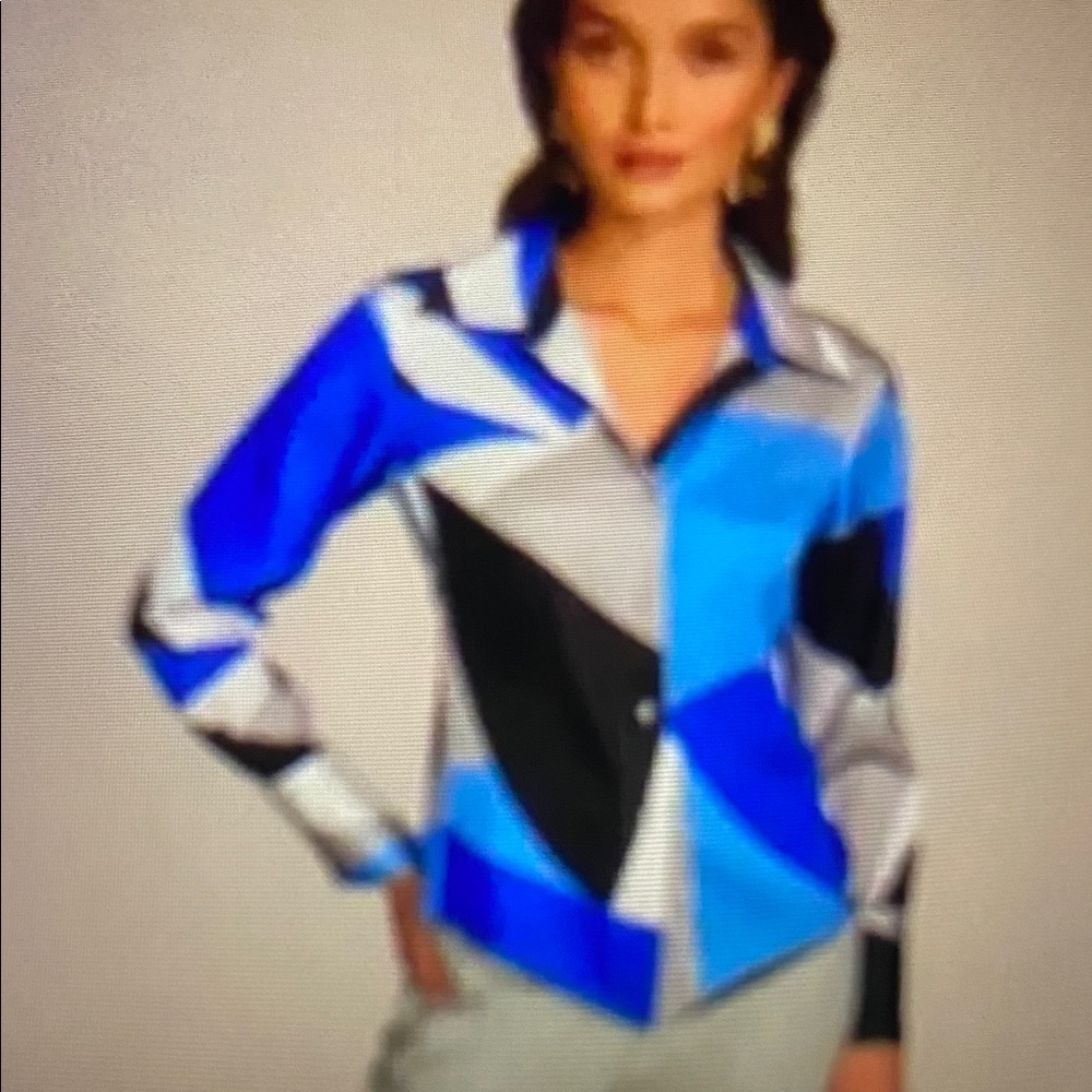 DKNY Women's Blue Geometric Button Down Shirt